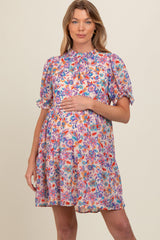 Blue Floral Ruffle Accent Maternity Dress