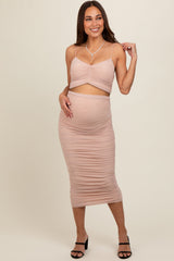 Beige Rhinestone Crop Top and Skirt Maternity Set