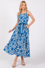 Blue Floral Crochet Accent Waist Tie Maternity Dress