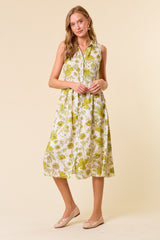 Green Floral Printed Sleeveless Maternity Midi Shirt Dress