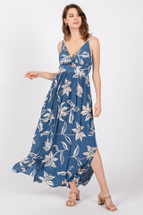 Blue Floral Sleeveless Knotted Maternity Maxi Dress