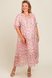 Light Pink Floral Front Tie Button Up Maternity Plus Maxi Dress