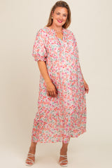 Light Pink Floral Front Tie Button Up Maternity Plus Maxi Dress