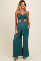 Teal Front Tie Crop Top and Pant Maternity Set