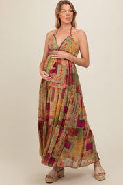 Olive Patchwork Print Halter Maternity Maxi Dress