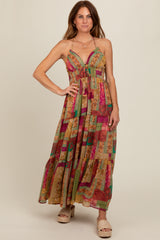 Olive Patchwork Print Halter Maxi Dress