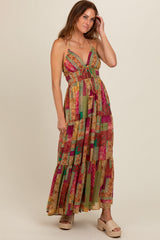 Olive Patchwork Print Halter Maxi Dress