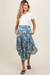 Blue Floral Smocked Waist Round Hem Maternity Midi Skirt