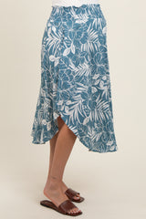 Blue Floral Smocked Waist Round Hem Maternity Midi Skirt