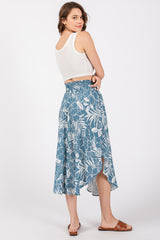 Blue Floral Smocked Waist Round Hem Midi Skirt