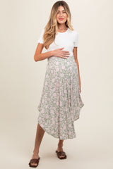 Light Olive Textured Dot Smocked Round Hem Maternity Midi Skirt