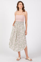 Light Olive Textured Dot Smocked Round Hem Maternity Midi Skirt