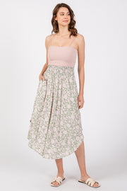 Light Olive Textured Dot Smocked Round Hem Midi Skirt