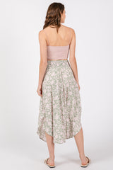 Light Olive Textured Dot Smocked Round Hem Midi Skirt