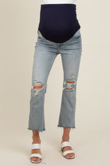 Light Blue Distressed Open Knee Cropped Flare Maternity Jeans