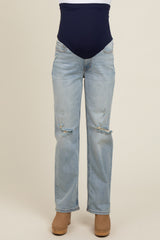 Light Blue Distressed Open Knee Maternity Straight Leg Jeans