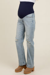 Light Blue Distressed Open Knee Maternity Straight Leg Jeans