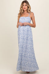 Blue Leaf Print Shoulder Strap Maternity Maxi Dress