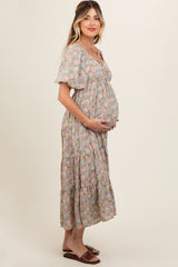 Beige Floral Ruched Strappy V-Neck Front Puff Short Sleeve Maternity Midi Dress