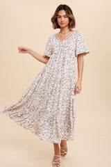 Cream Floral Ruched Strappy V-Neck Front Puff Short Sleeve Maternity Midi Dress