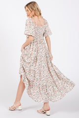 Cream Floral Ruched Strappy V-Neck Front Puff Short Sleeve Midi Dress