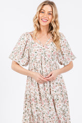 Cream Floral Ruched Strappy V-Neck Front Puff Short Sleeve Midi Dress