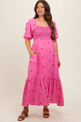 Pink Gauze Smocked Embroidered Square Neck Maternity Midi Dress