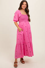 Pink Gauze Smocked Embroidered Square Neck Maternity Midi Dress