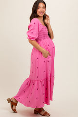 Pink Gauze Smocked Embroidered Square Neck Maternity Midi Dress