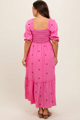 Pink Gauze Smocked Embroidered Square Neck Maternity Midi Dress