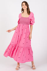 Pink Gauze Smocked Embroidered Square Neck Maternity Midi Dress