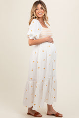 Ivory Gauze Smocked Embroidered Square Neck Maternity Midi Dress