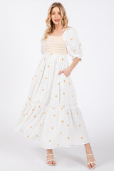 Ivory Gauze Smocked Embroidered Square Neck Maternity Midi Dress