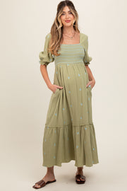 Light Olive Gauze Smocked Embroidered Square Neck Maternity Midi Dress