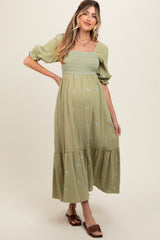 Light Olive Gauze Smocked Embroidered Square Neck Maternity Midi Dress