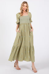 Light Olive Gauze Smocked Embroidered Square Neck Midi Dress