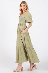 Light Olive Gauze Smocked Embroidered Square Neck Midi Dress