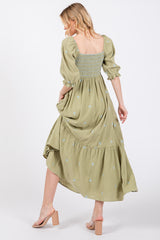 Light Olive Gauze Smocked Embroidered Square Neck Midi Dress