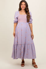 Lavender Gauze Smocked Embroidered Square Neck Maternity Midi Dress