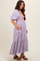 Lavender Gauze Smocked Embroidered Square Neck Maternity Midi Dress