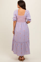 Lavender Gauze Smocked Embroidered Square Neck Maternity Midi Dress