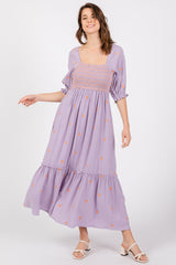 Lavender Gauze Smocked Embroidered Square Neck Midi Dress