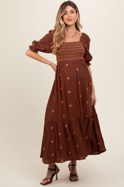 Brown Gauze Smocked Embroidered Square Neck Maternity Midi Dress