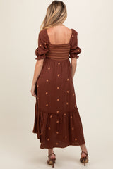 Brown Gauze Smocked Embroidered Square Neck Maternity Midi Dress