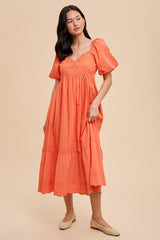 Coral Eyelet Scalloped V-Neck Short Puff Sleeve Midi Dress