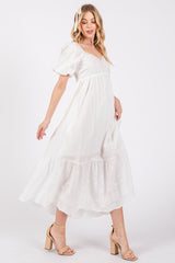 Ivory Eyelet Scalloped V-Neck Short Puff Sleeve Midi Dress