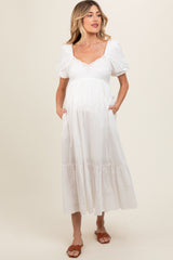 Ivory Eyelet Scalloped V-Neck Short Puff Sleeve Maternity Midi Dress