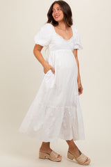 Ivory Eyelet Scalloped V-Neck Short Puff Sleeve Maternity Midi Dress