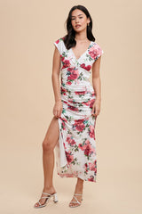 Pink Floral Mesh Ruched Sides Maternity Maxi Dress