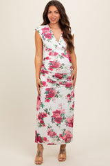 Pink Floral Mesh Ruched Sides Maternity Maxi Dress